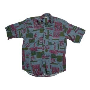 Vintage Bugle Boy Company Shirt Mens Medium Blue Hawaiian Tropical Ramie Cotton